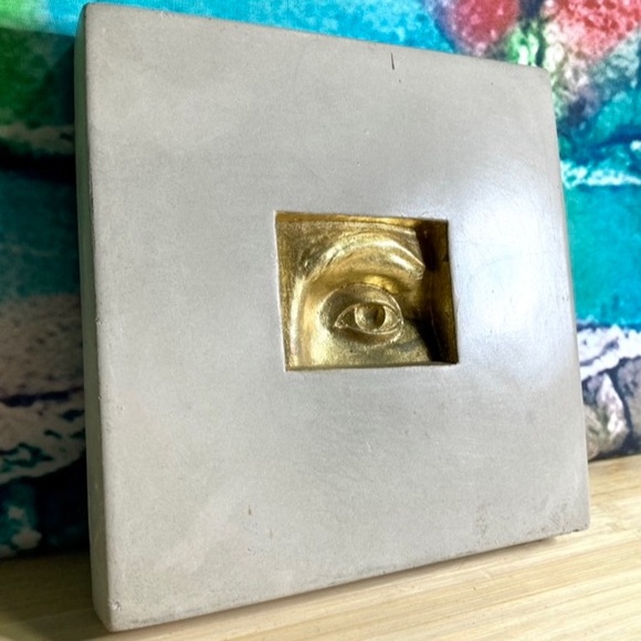 Signed Concrete Tile Art Gold Leaf Intaglio Style Wall Hanging Eye Sculpture - Picture 2 of 11